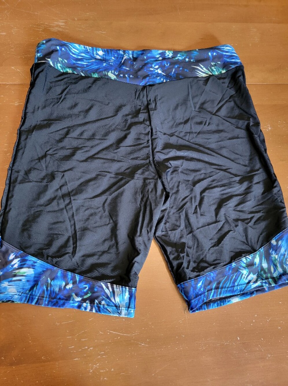 Women's Black Long Bike Swim Shorts with Blue Patterned Trim Plus Size 26 - Picture 3 of 5